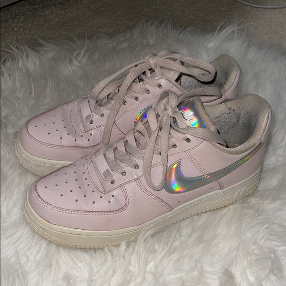 Nike Air Force Women's Light Pink Sneakers with Holographic Silver Swoosh - Picture 2 of 7